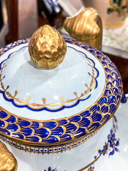 Pair Vintage 1980's 18th Century Style Blue White Gold Mottahedeh Porcelain Urns