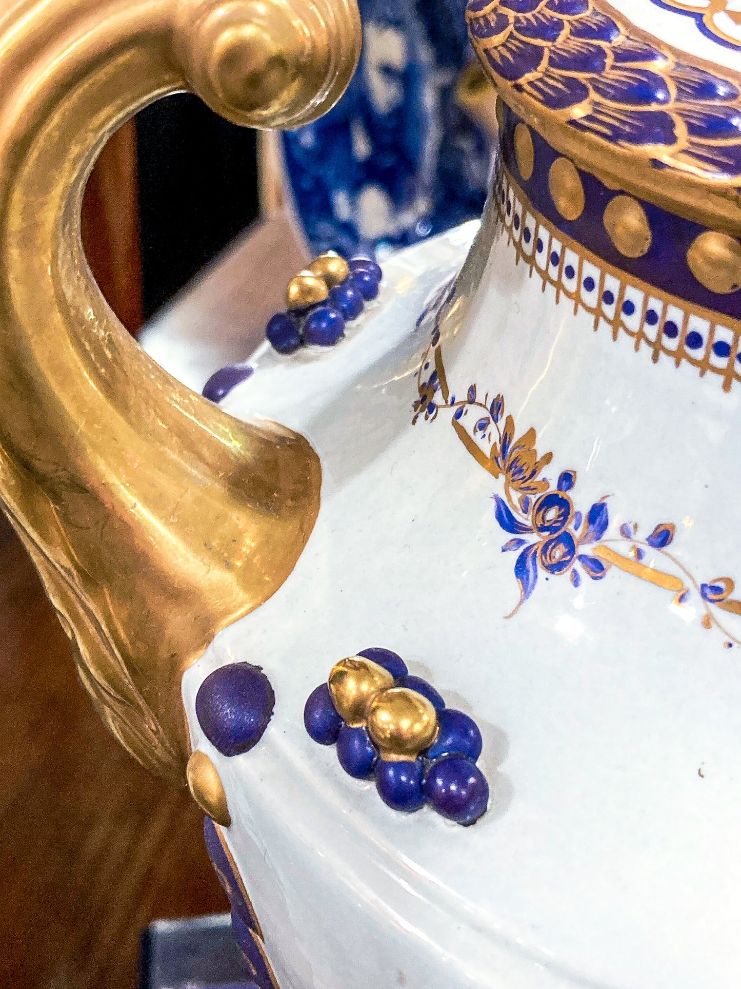 Pair Vintage 1980's 18th Century Style Blue White Gold Mottahedeh Porcelain Urns
