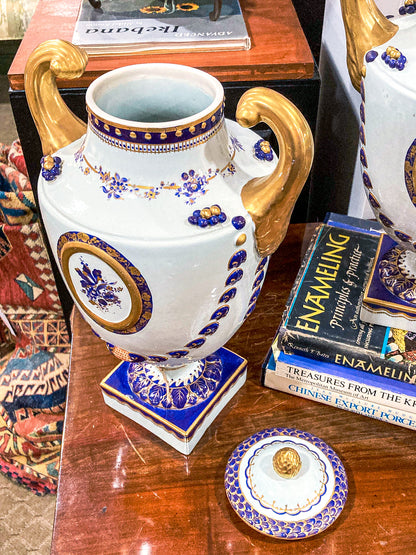 Pair Vintage 1980's 18th Century Style Blue White Gold Mottahedeh Porcelain Urns