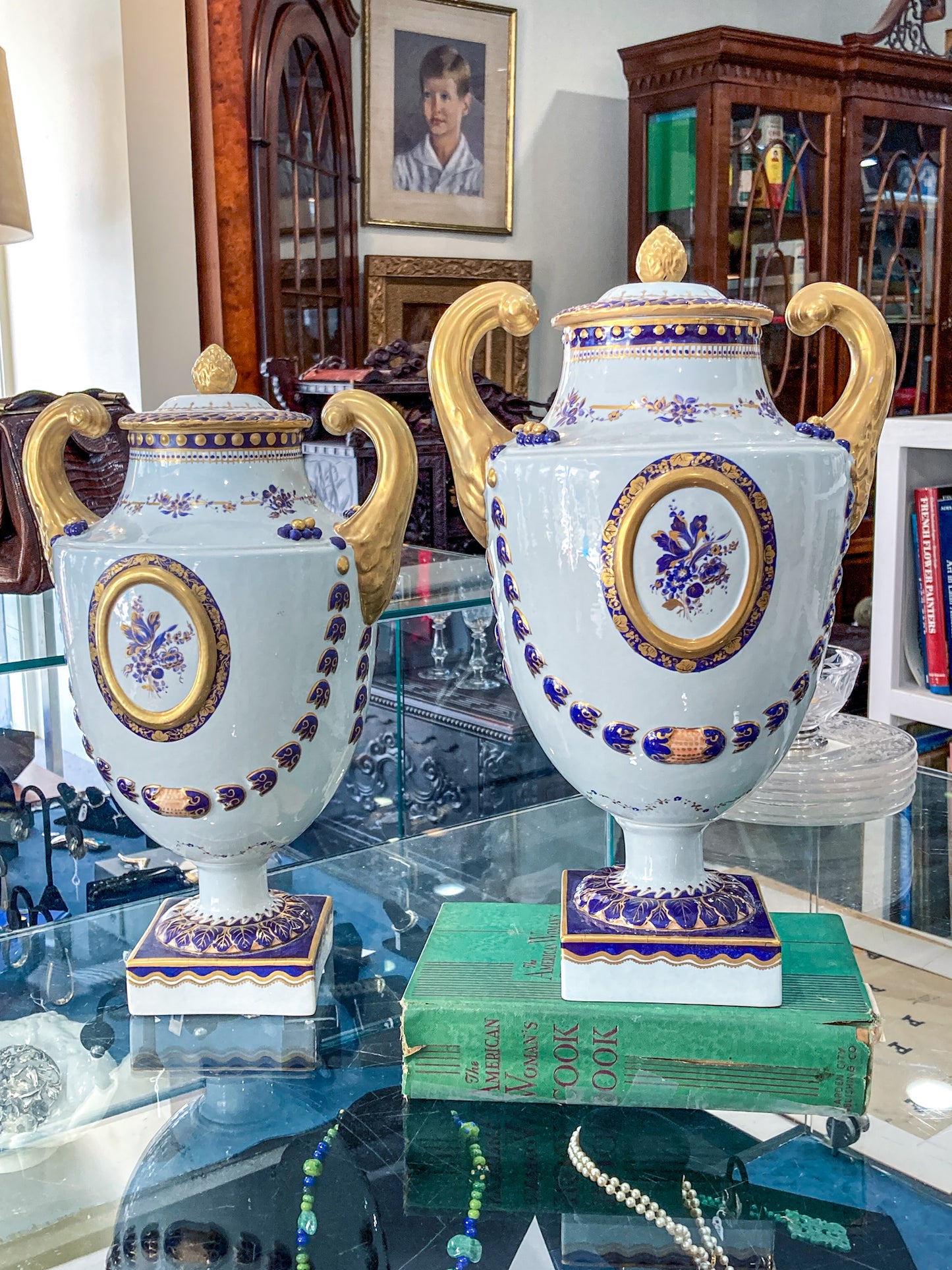 Pair Vintage 1980's 18th Century Style Blue White Gold Mottahedeh Porcelain Urns