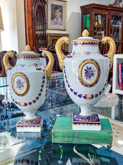 Pair Vintage 1980's 18th Century Style Blue White Gold Mottahedeh Porcelain Urns