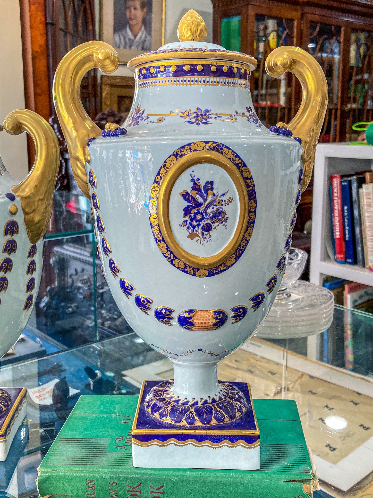 Pair Vintage 1980's 18th Century Style Blue White Gold Mottahedeh Porcelain Urns