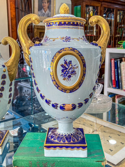 Pair Vintage 1980's 18th Century Style Blue White Gold Mottahedeh Porcelain Urns