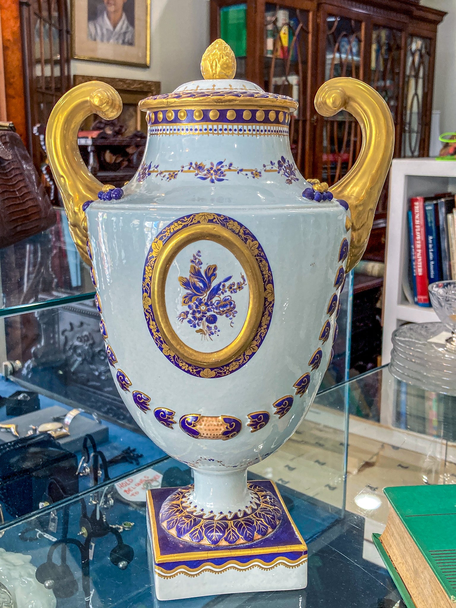 Pair Vintage 1980's 18th Century Style Blue White Gold Mottahedeh Porcelain Urns