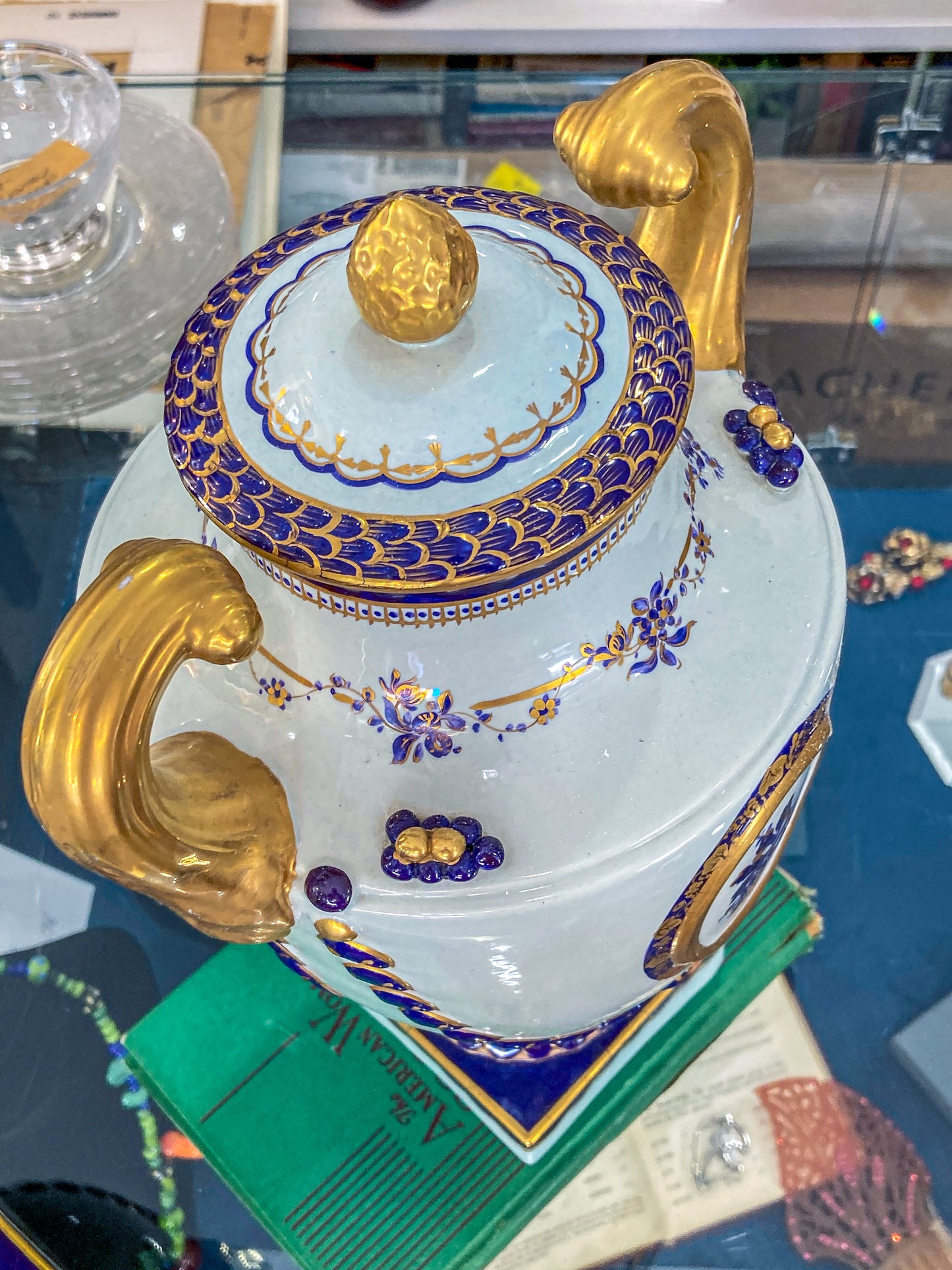 Pair Vintage 1980's 18th Century Style Blue White Gold Mottahedeh Porcelain Urns