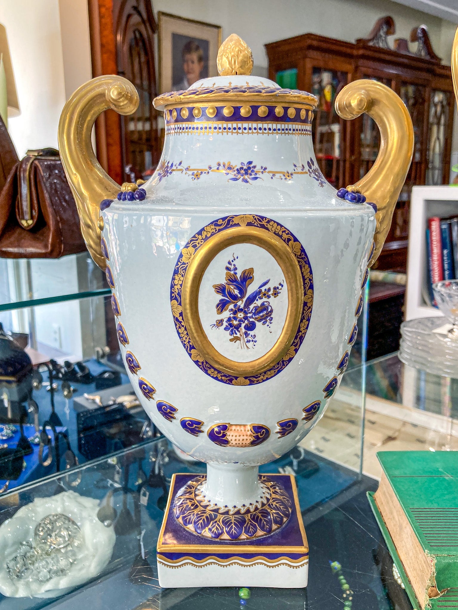 Pair Vintage 1980's 18th Century Style Blue White Gold Mottahedeh Porcelain Urns
