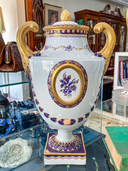 Pair Vintage 1980's 18th Century Style Blue White Gold Mottahedeh Porcelain Urns