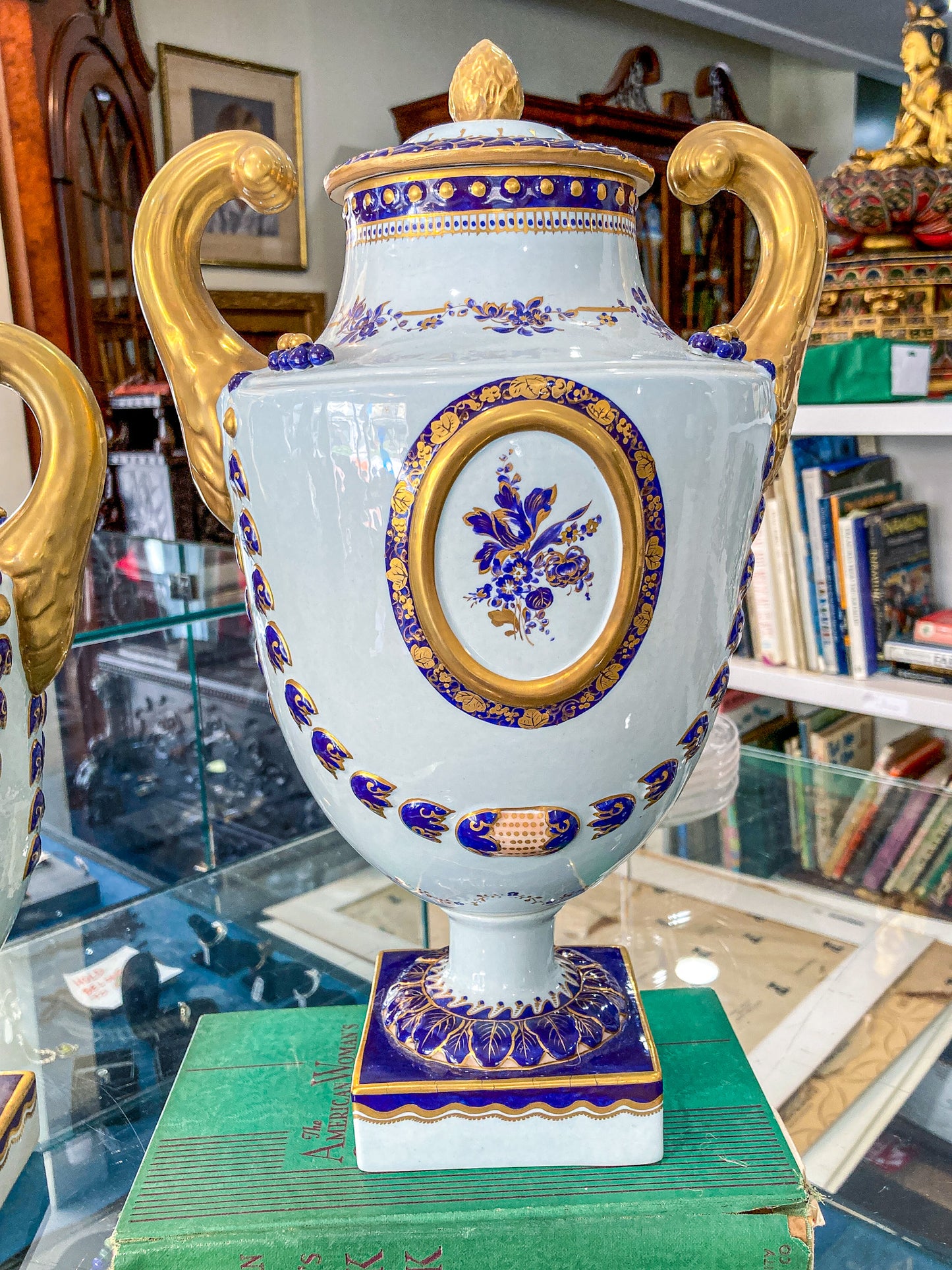 Pair Vintage 1980's 18th Century Style Blue White Gold Mottahedeh Porcelain Urns