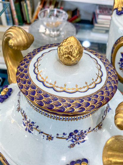 Pair Vintage 1980's 18th Century Style Blue White Gold Mottahedeh Porcelain Urns