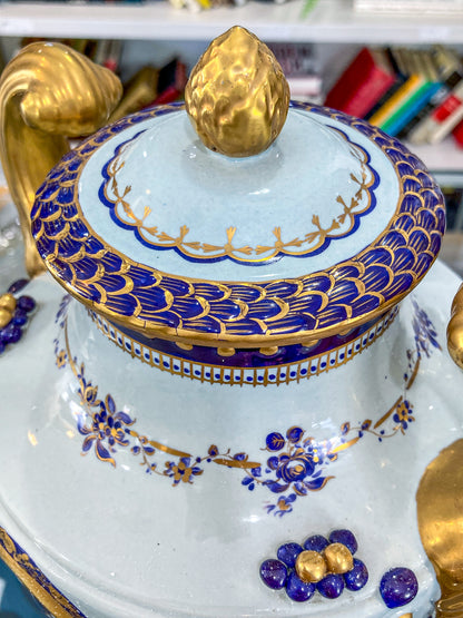 Pair Vintage 1980's 18th Century Style Blue White Gold Mottahedeh Porcelain Urns