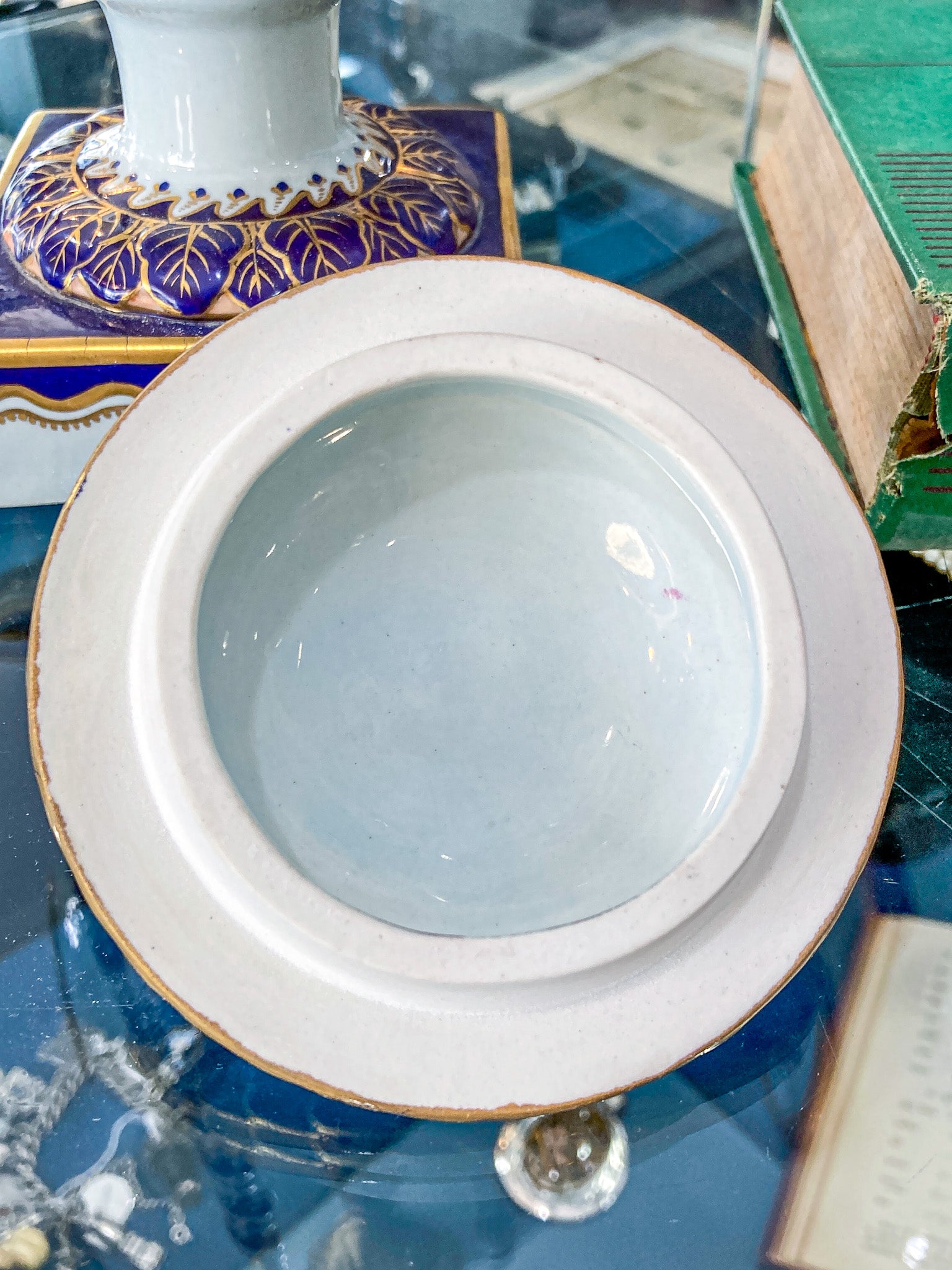Pair Vintage 1980's 18th Century Style Blue White Gold Mottahedeh Porcelain Urns