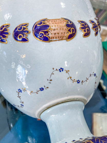 Pair Vintage 1980's 18th Century Style Blue White Gold Mottahedeh Porcelain Urns