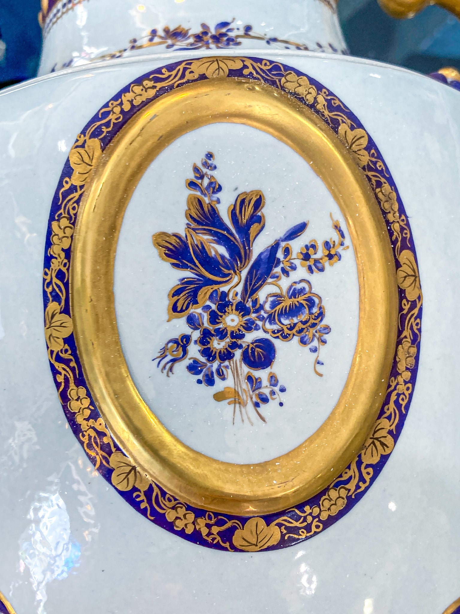 Pair Vintage 1980's 18th Century Style Blue White Gold Mottahedeh Porcelain Urns