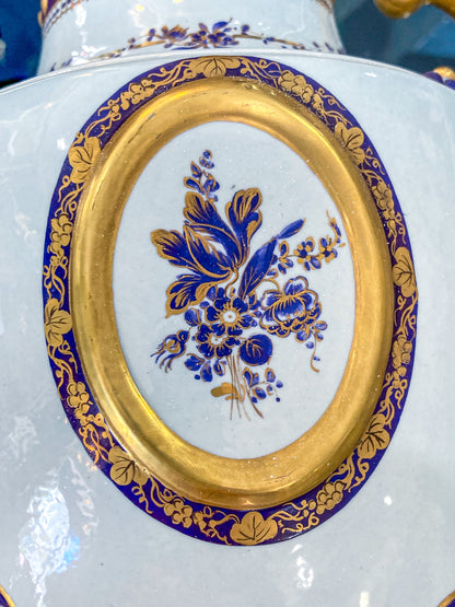 Pair Vintage 1980's 18th Century Style Blue White Gold Mottahedeh Porcelain Urns