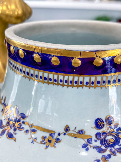 Pair Vintage 1980's 18th Century Style Blue White Gold Mottahedeh Porcelain Urns