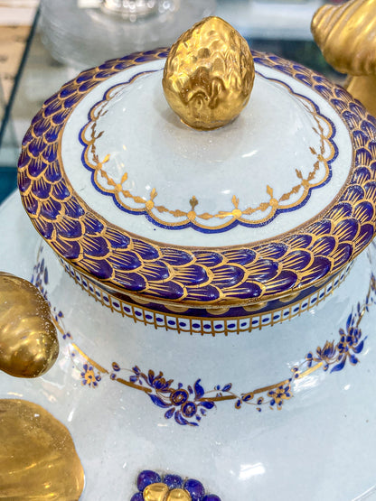 Pair Vintage 1980's 18th Century Style Blue White Gold Mottahedeh Porcelain Urns
