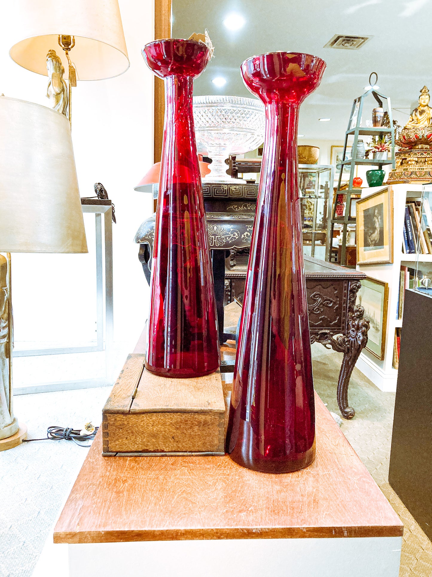 Pair Vintage Blenko Handblown Ruby Red Cup Rim Tall Tapered Vases