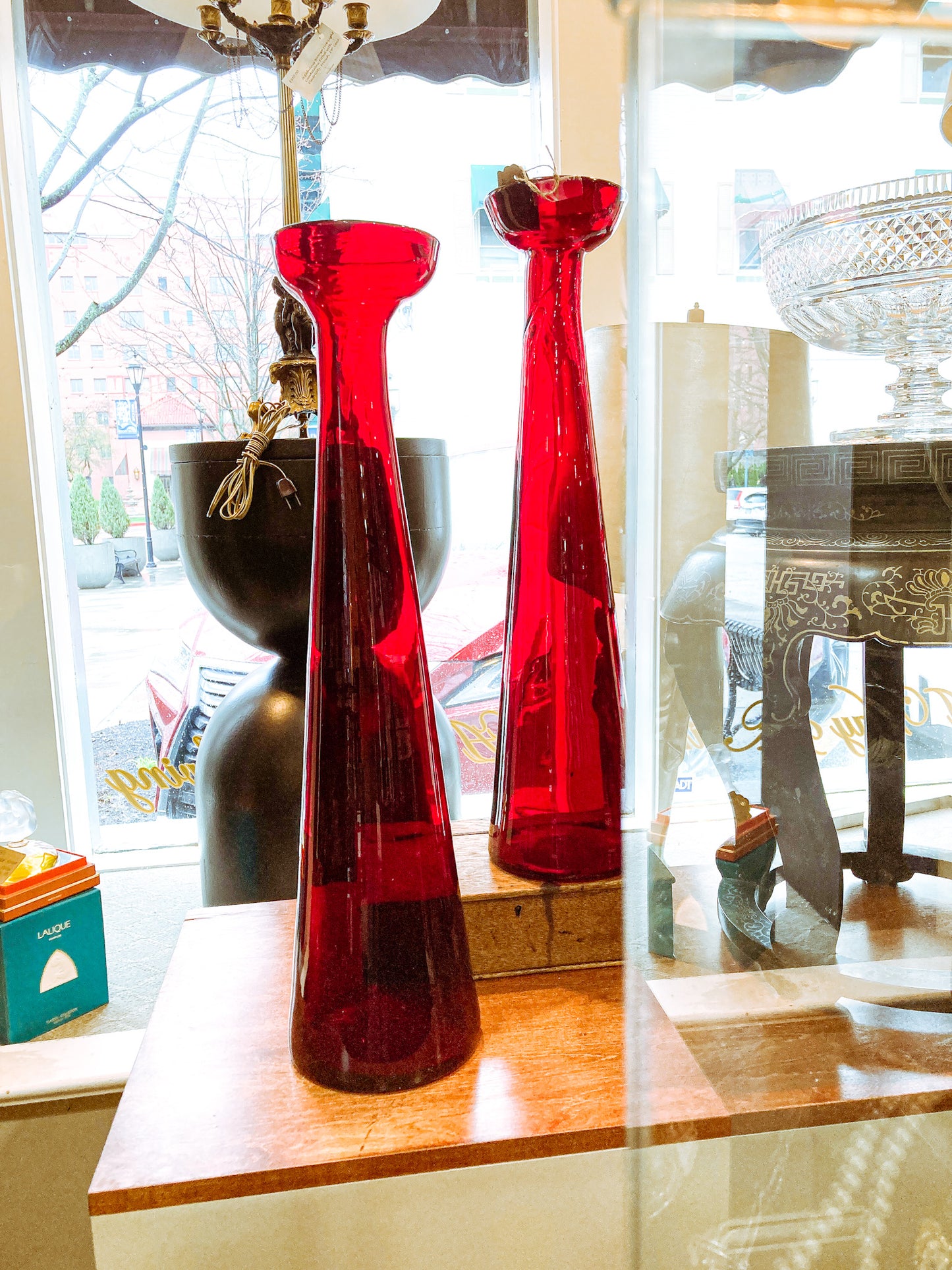 Pair Vintage Blenko Handblown Ruby Red Cup Rim Tall Tapered Vases