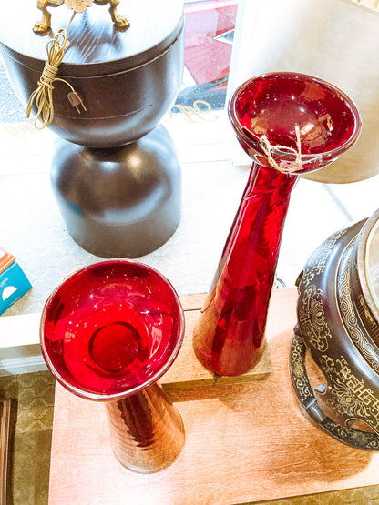 Pair Vintage Blenko Handblown Ruby Red Cup Rim Tall Tapered Vases