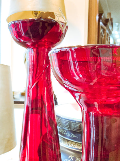 Pair Vintage Blenko Handblown Ruby Red Cup Rim Tall Tapered Vases