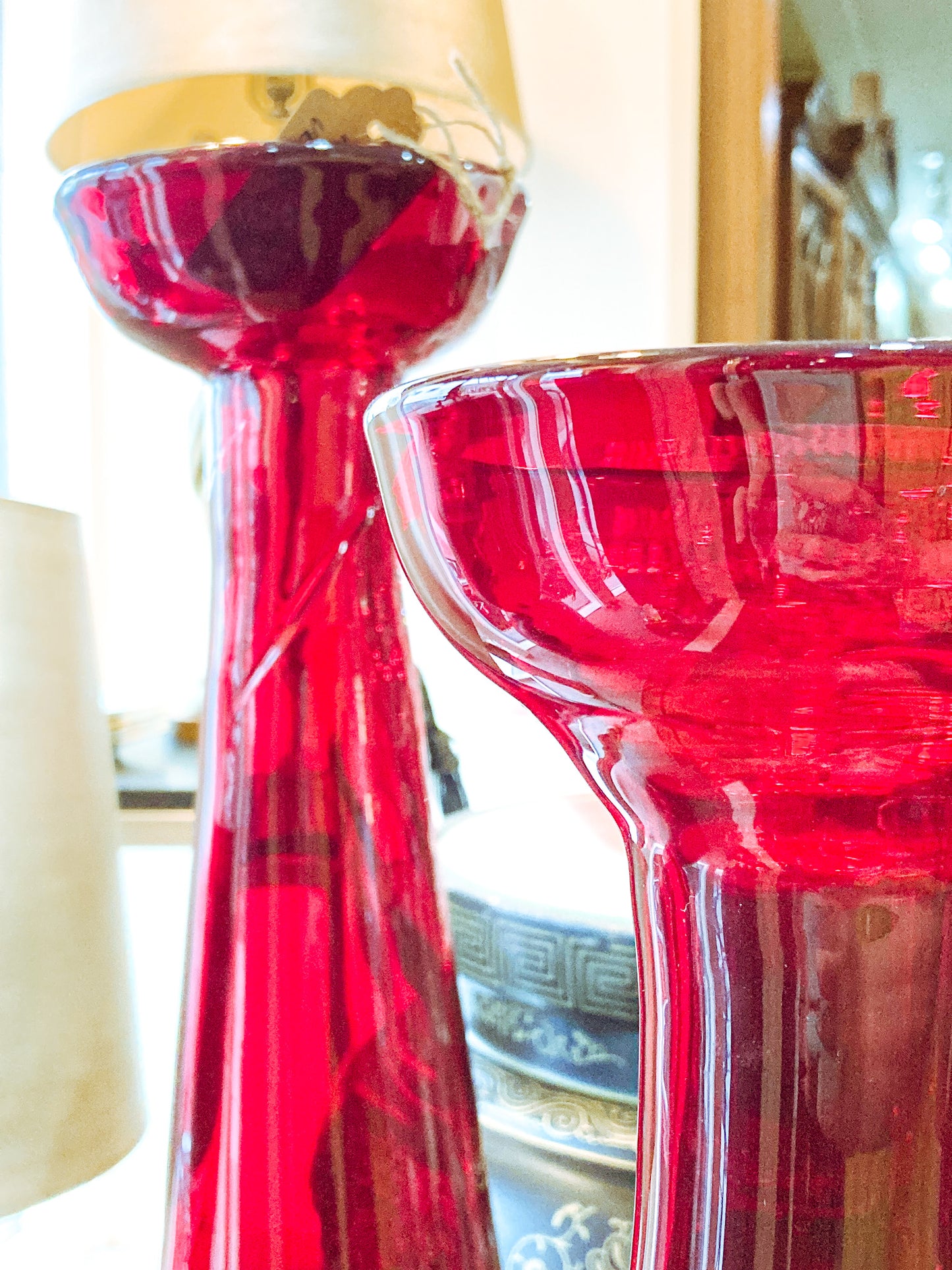 Pair Vintage Blenko Handblown Ruby Red Cup Rim Tall Tapered Vases