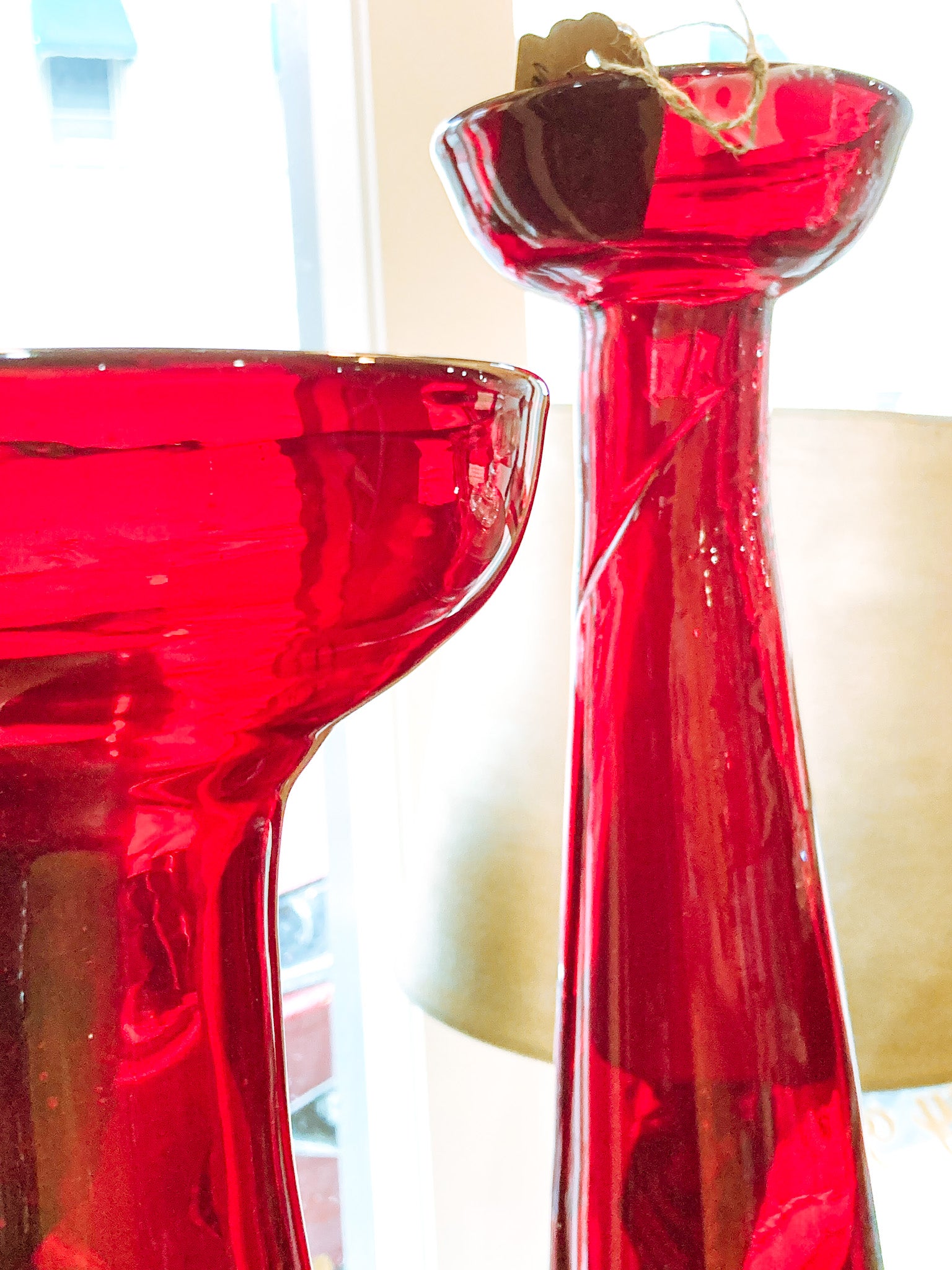 Pair Vintage Blenko Handblown Ruby Red Cup Rim Tall Tapered Vases