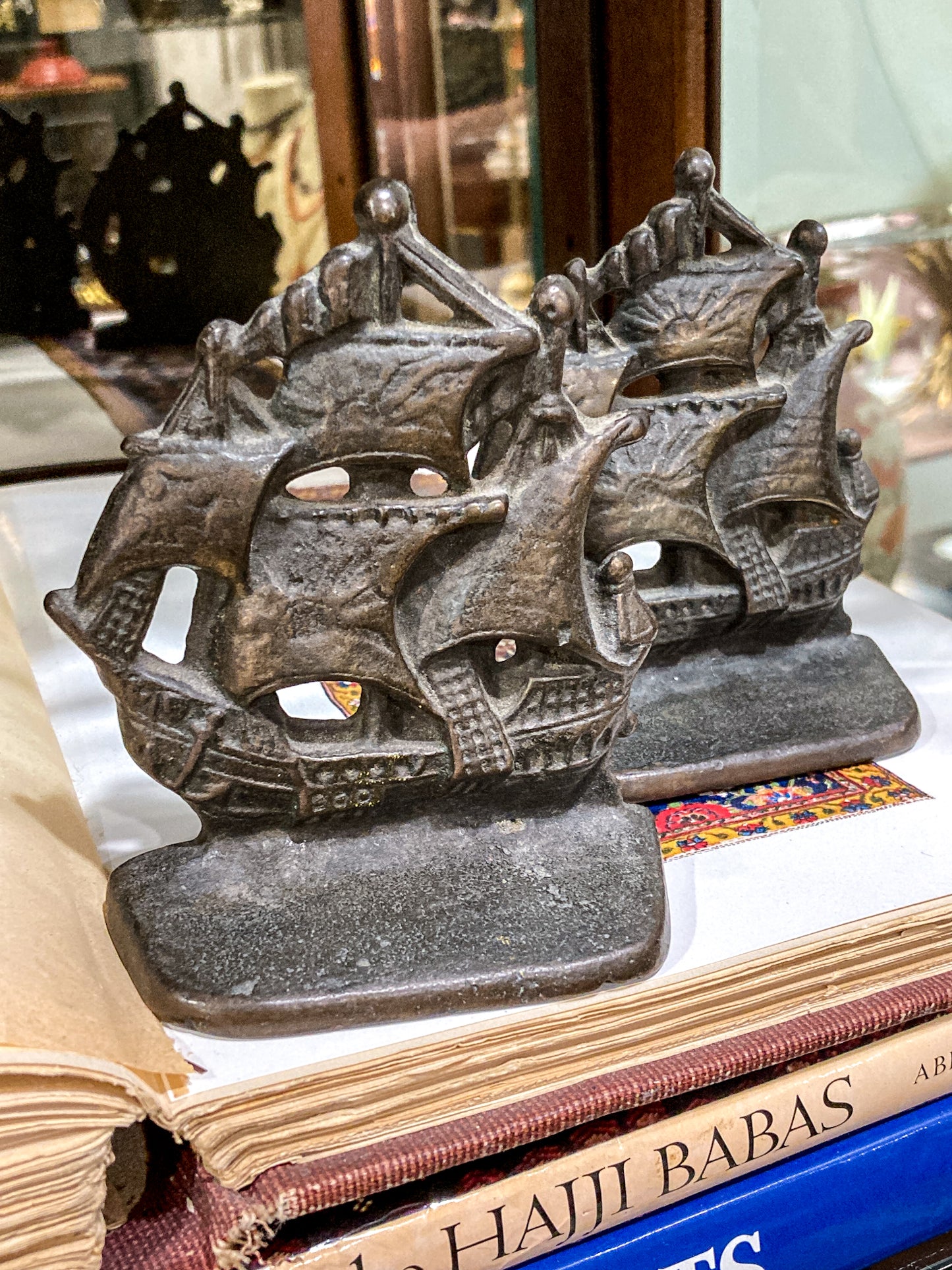 Pair Vintage Bronze Cast Metal Sailboat Pirate Ship Sculptural Bookends