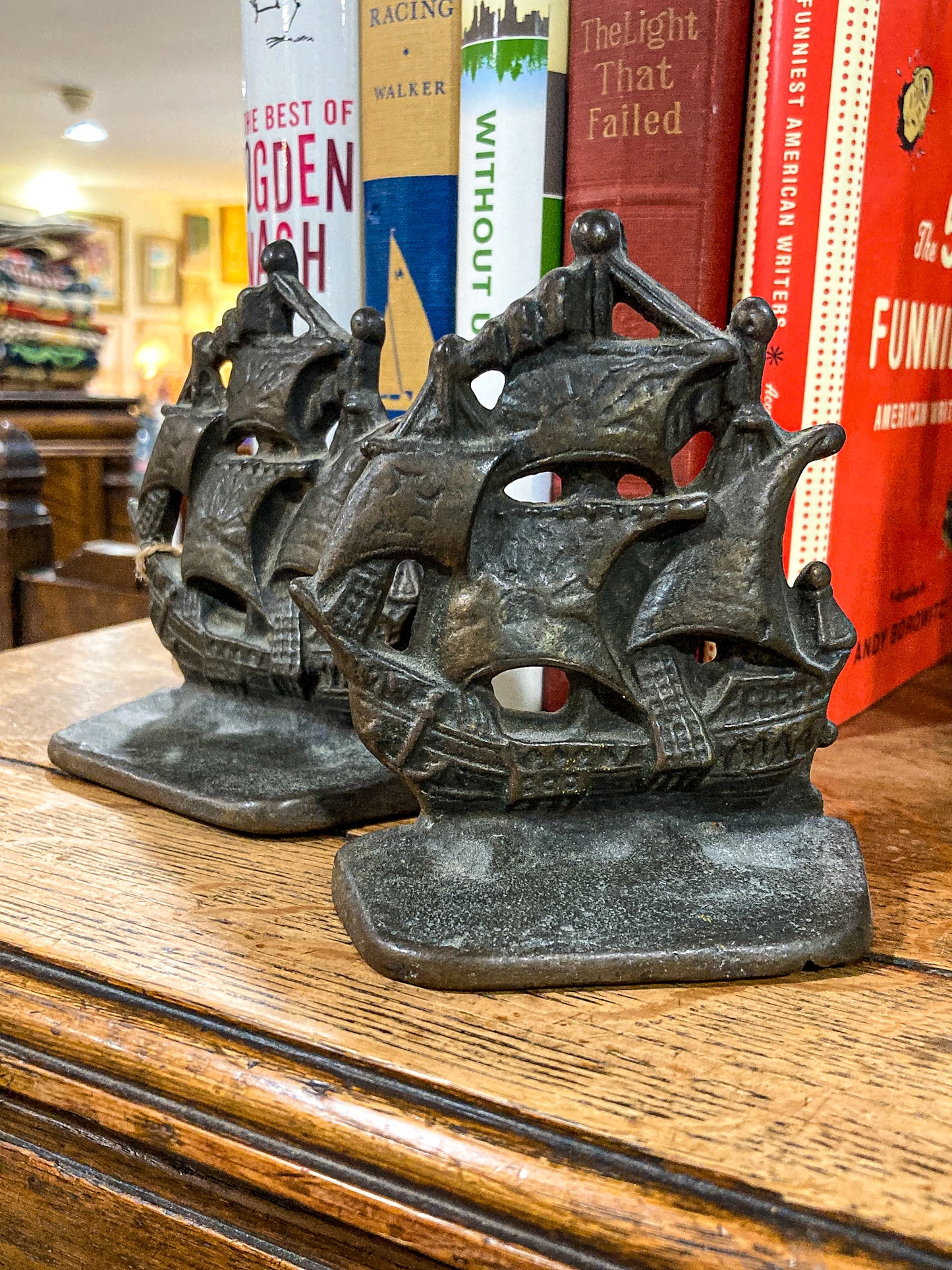 Pair Vintage Bronze Cast Metal Sailboat Pirate Ship Sculptural Bookends