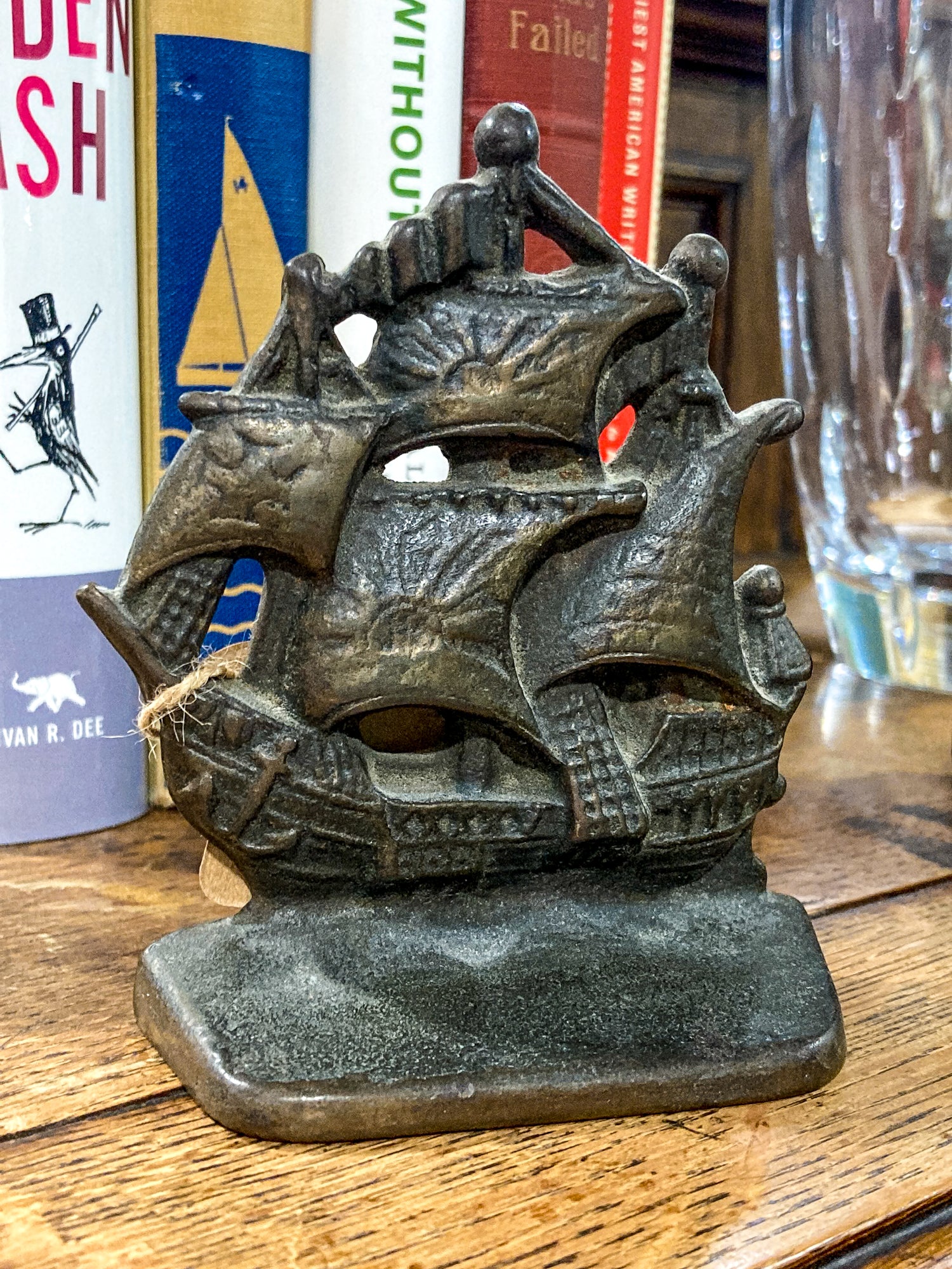 Pair Vintage Bronze Cast Metal Sailboat Pirate Ship Sculptural Bookends