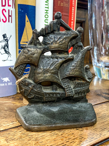 Pair Vintage Bronze Cast Metal Sailboat Pirate Ship Sculptural Bookends