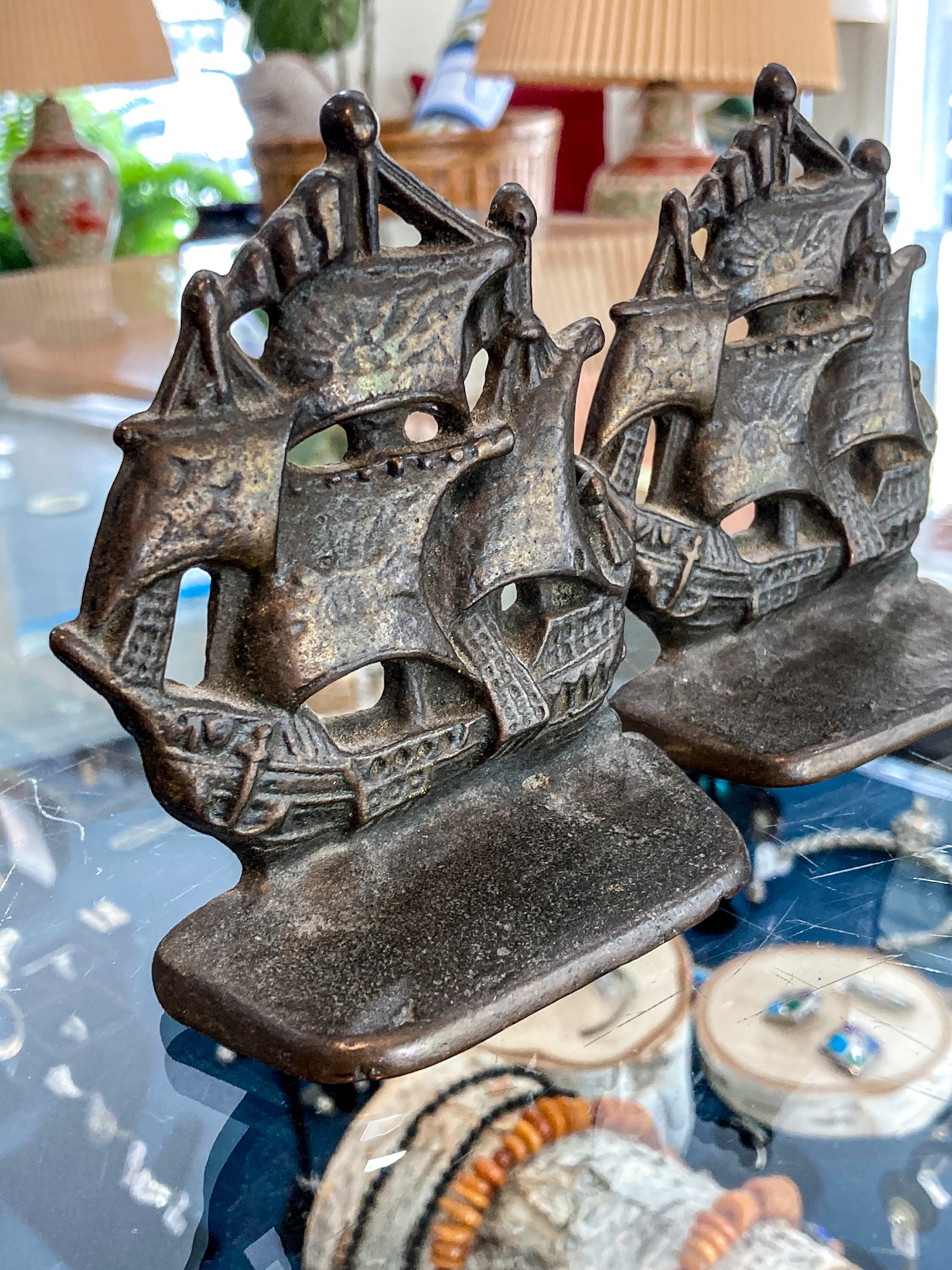 Pair Vintage Bronze Cast Metal Sailboat Pirate Ship Sculptural Bookends