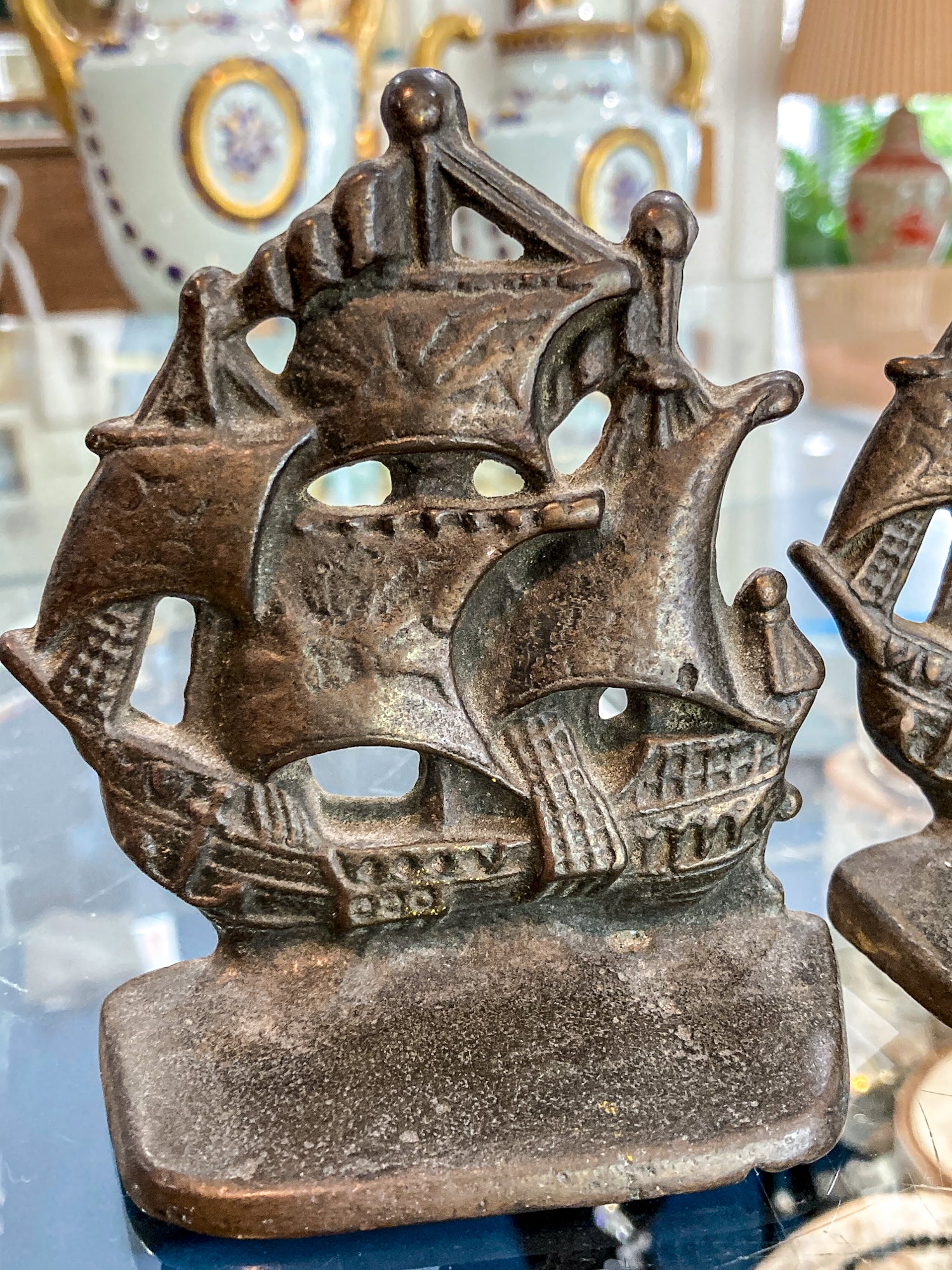 Pair Vintage Bronze Cast Metal Sailboat Pirate Ship Sculptural Bookends