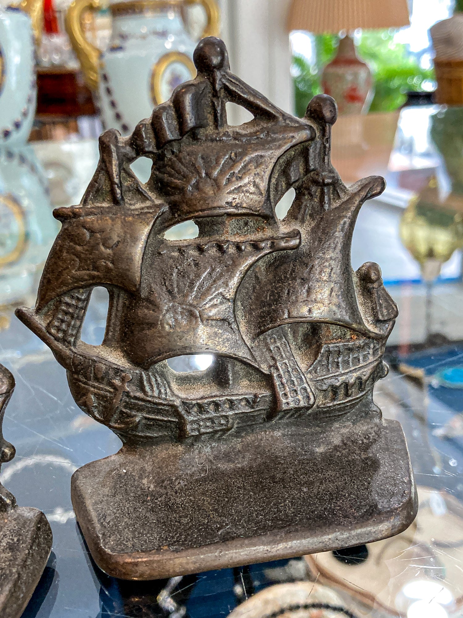 Pair Vintage Bronze Cast Metal Sailboat Pirate Ship Sculptural Bookends