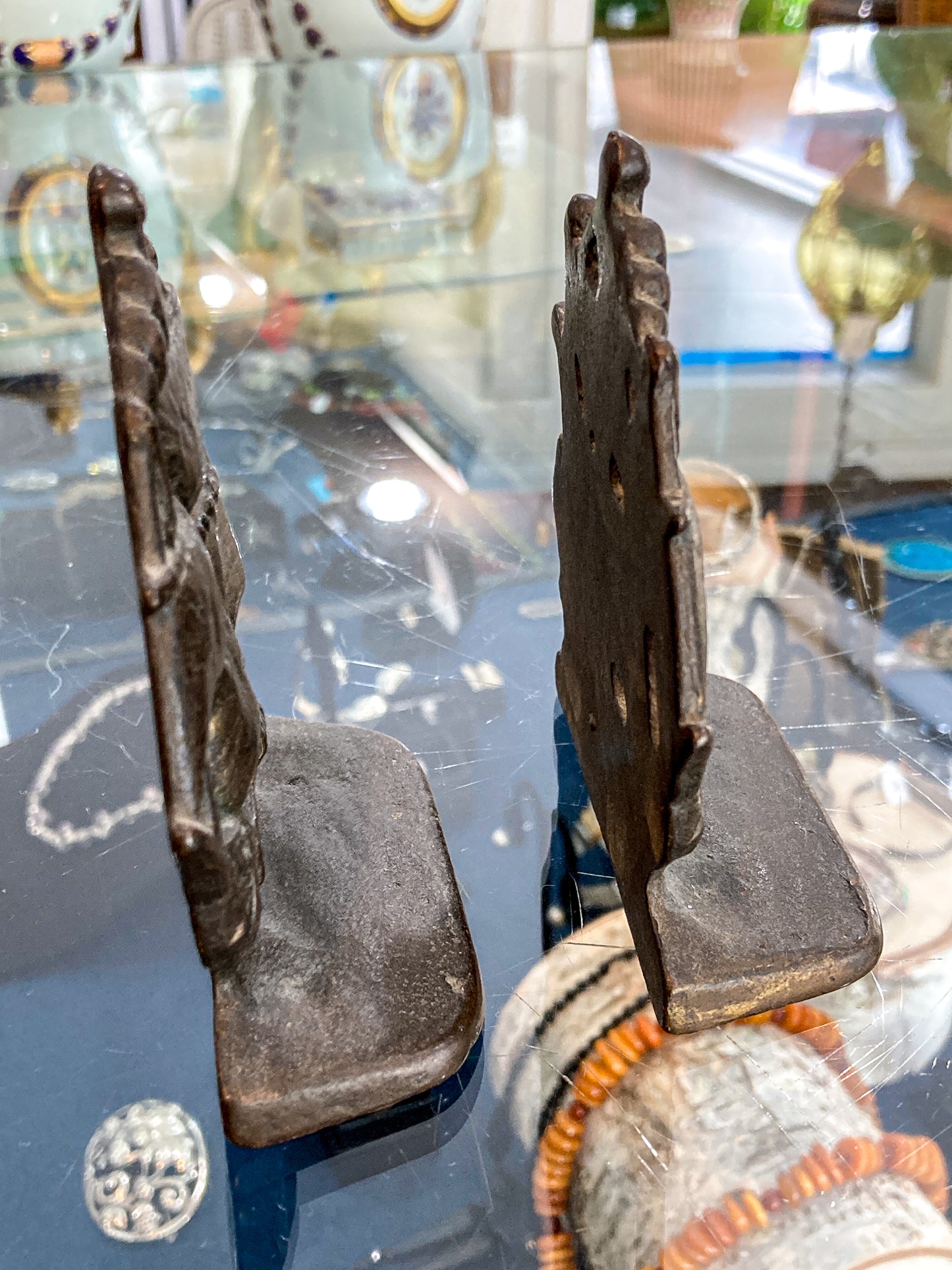 Pair Vintage Bronze Cast Metal Sailboat Pirate Ship Sculptural Bookends