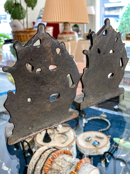 Pair Vintage Bronze Cast Metal Sailboat Pirate Ship Sculptural Bookends