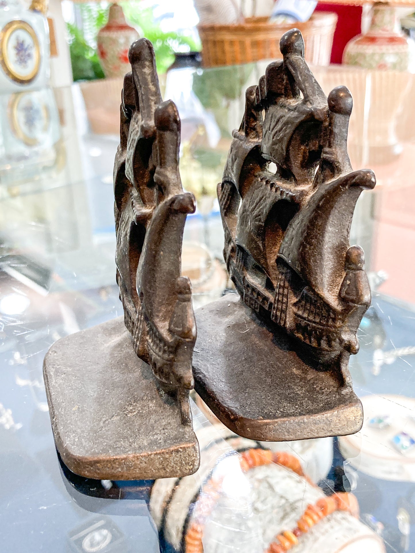 Pair Vintage Bronze Cast Metal Sailboat Pirate Ship Sculptural Bookends