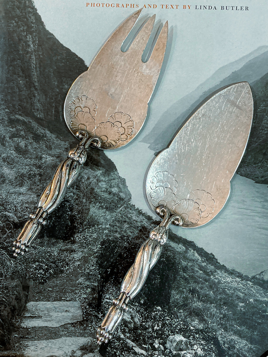 Pair Vintage Georg Jensen Pattern #91 Sterling Silver Fish Serving Set