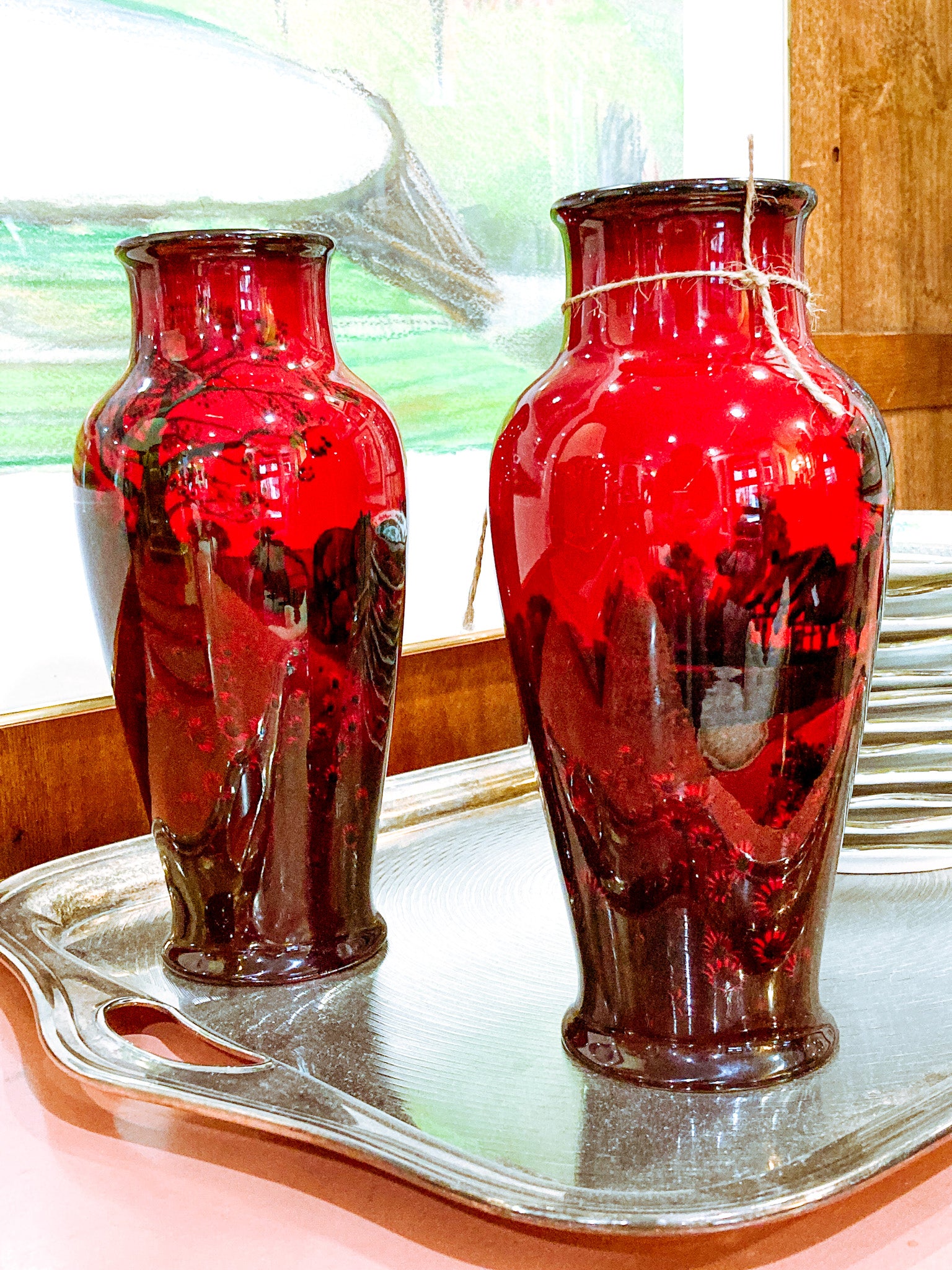 Pair Vintage Royal Doulton Flambe Scenic Red Black Glazed Ceramic Vases