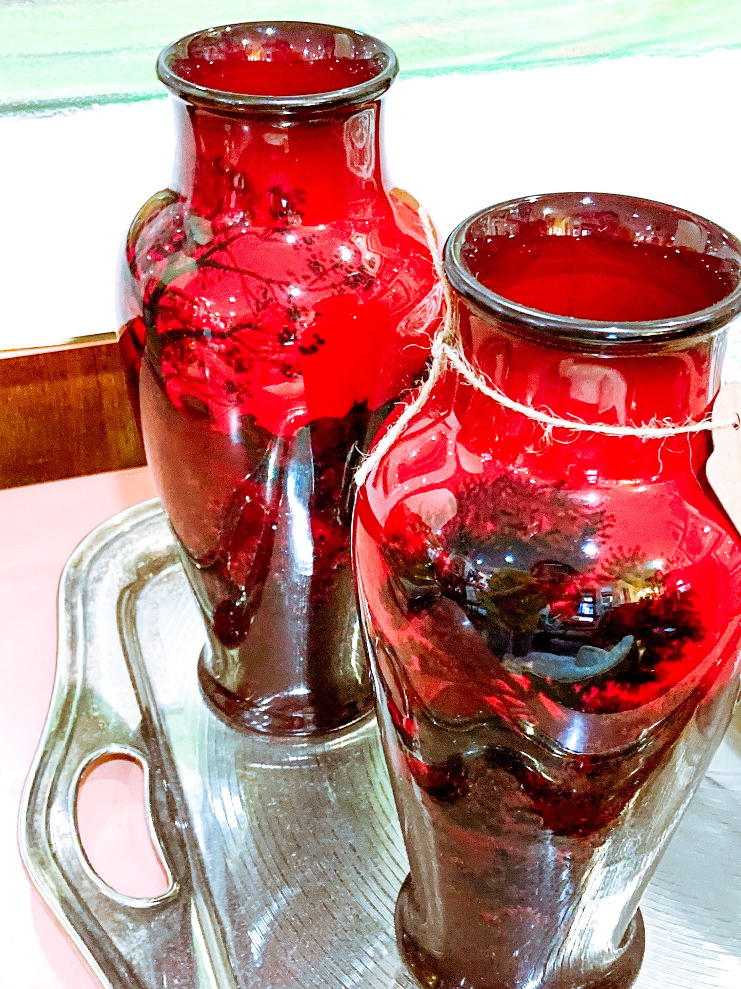 Pair Vintage Royal Doulton Flambe Scenic Red Black Glazed Ceramic Vases
