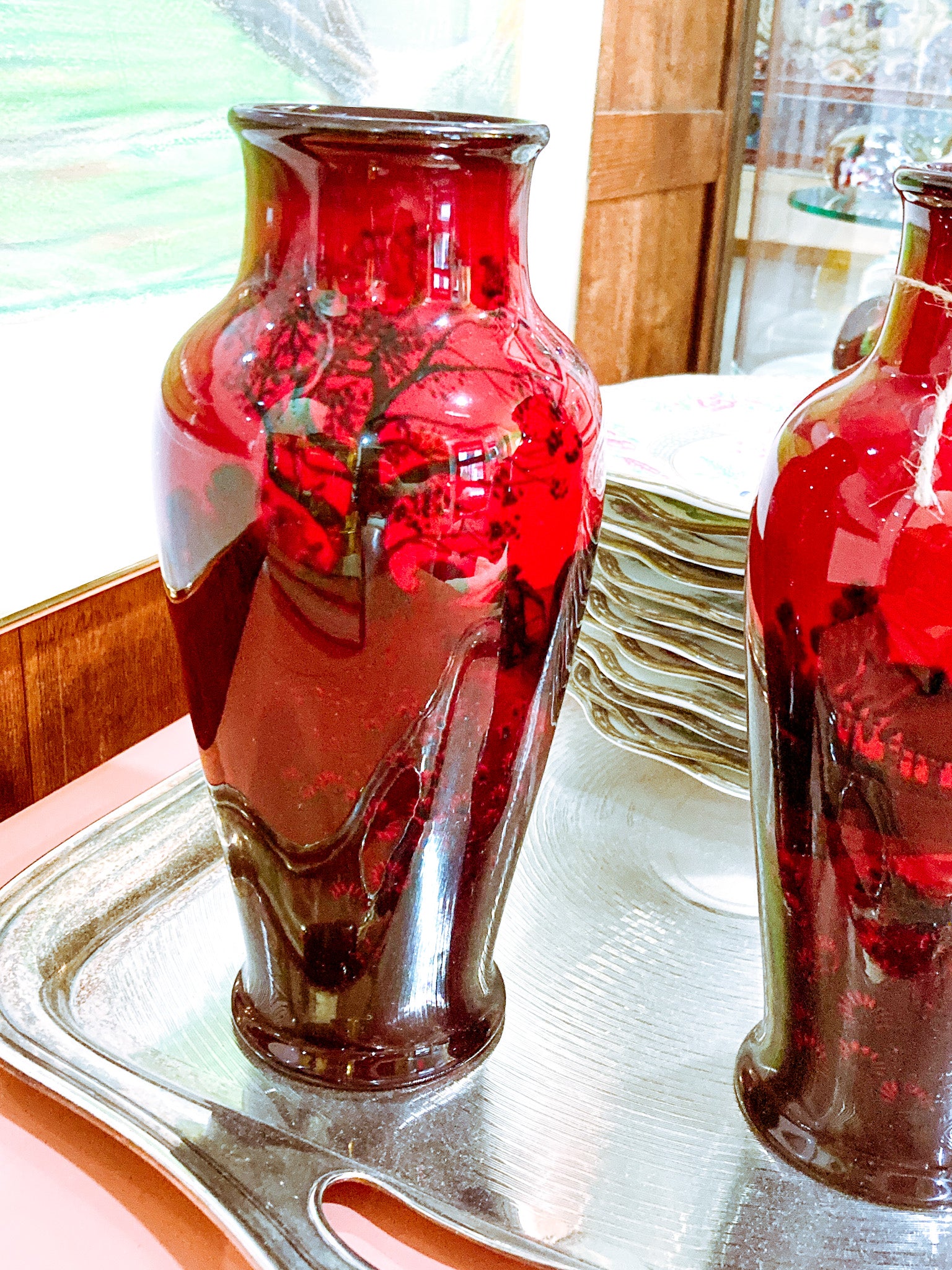 Pair Vintage Royal Doulton Flambe Scenic Red Black Glazed Ceramic Vases