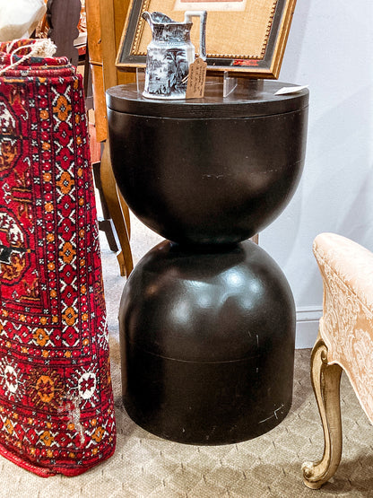 Repurposed Vintage Black Fiberglass Wood Top Hourglass Accent Side Table