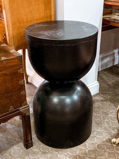 Repurposed Vintage Black Fiberglass Wood Top Hourglass Accent Side Table