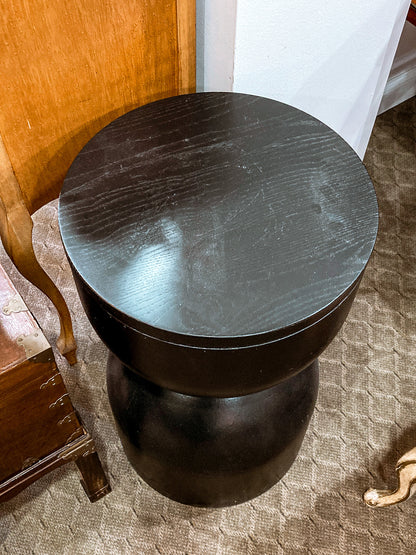 Repurposed Vintage Black Fiberglass Wood Top Hourglass Accent Side Table