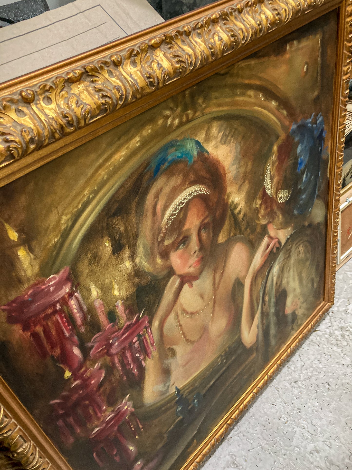 Antique Inspired Woman in Mirror Robert Martin (1918-1998) Framed Oil Canvas Painting