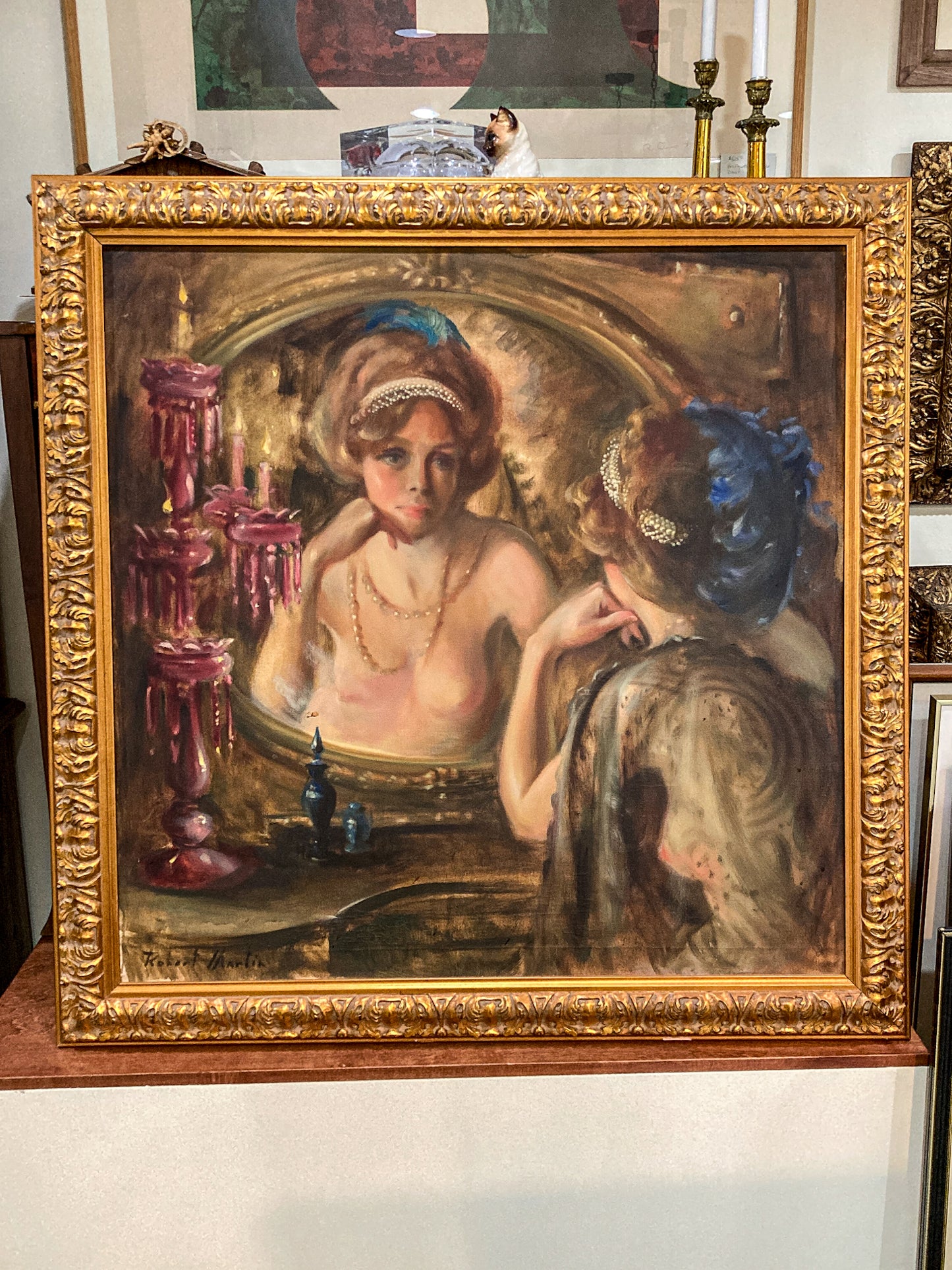 Antique Inspired Woman in Mirror Robert Martin (1918-1998) Framed Oil Canvas Painting