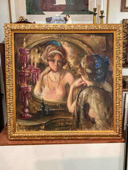 Antique Inspired Woman in Mirror Robert Martin (1918-1998) Framed Oil Canvas Painting