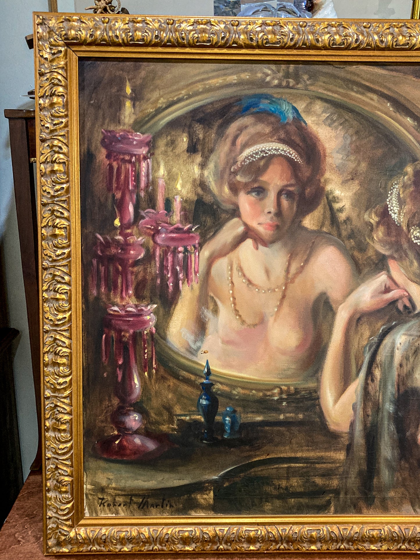Antique Inspired Woman in Mirror Robert Martin (1918-1998) Framed Oil Canvas Painting