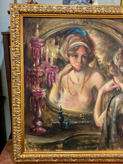 Antique Inspired Woman in Mirror Robert Martin (1918-1998) Framed Oil Canvas Painting