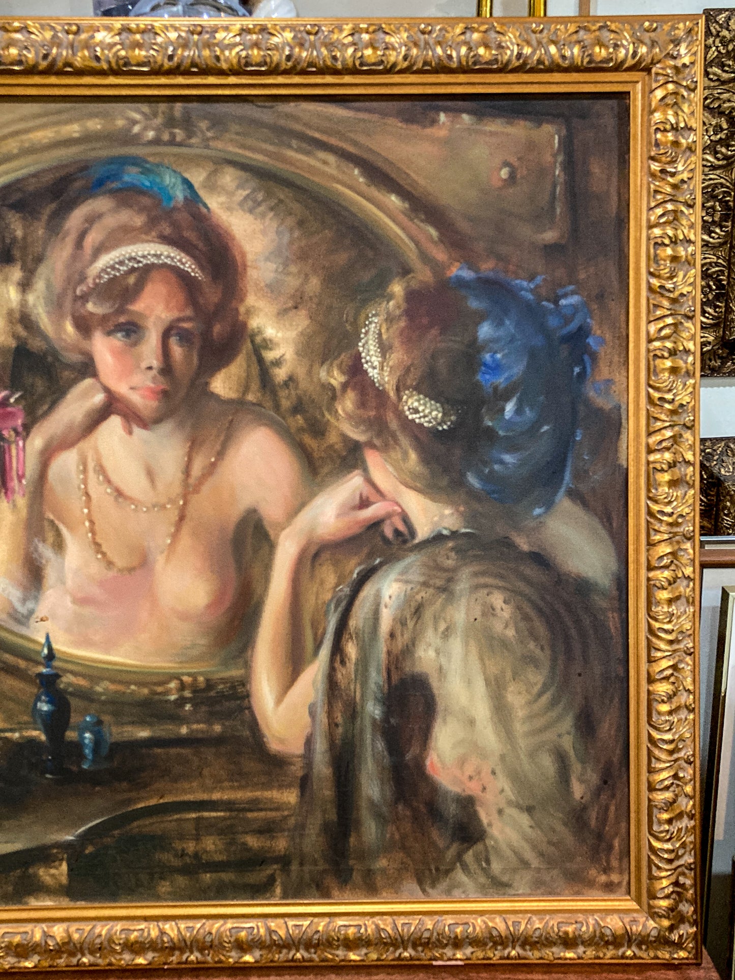 Antique Inspired Woman in Mirror Robert Martin (1918-1998) Framed Oil Canvas Painting