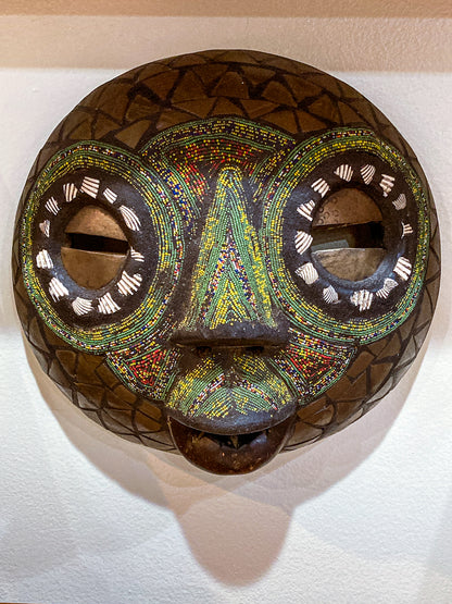 Round Hand Made Carved Wood Glass Bead Ashanti Mask Ghana Wall Art